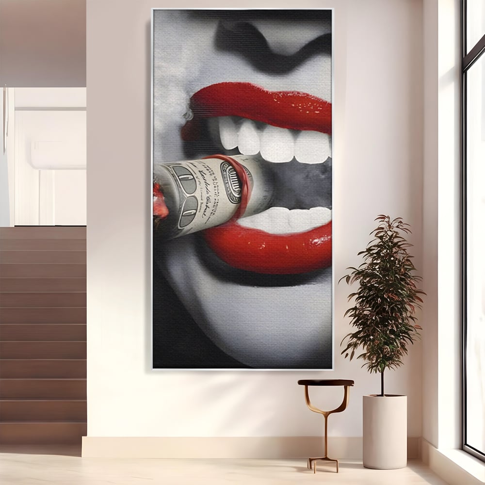 Tablou canvas cu tablou canvas cu buze rosii si bancnota, in rama de aluminiu argintiu